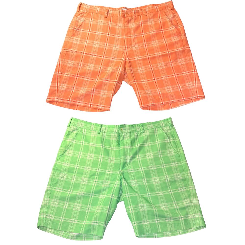 2 Pair - Antigua Golf Shorts Mens Size 40 Plaid Performance Stretch Coral Green
